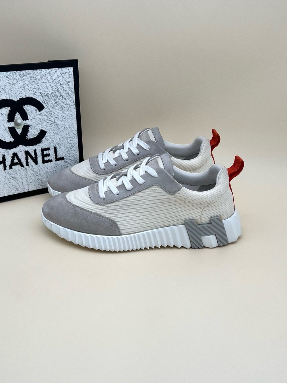 Hermes Cream & Gray Low-Top Sneakers with Red Heel Tab